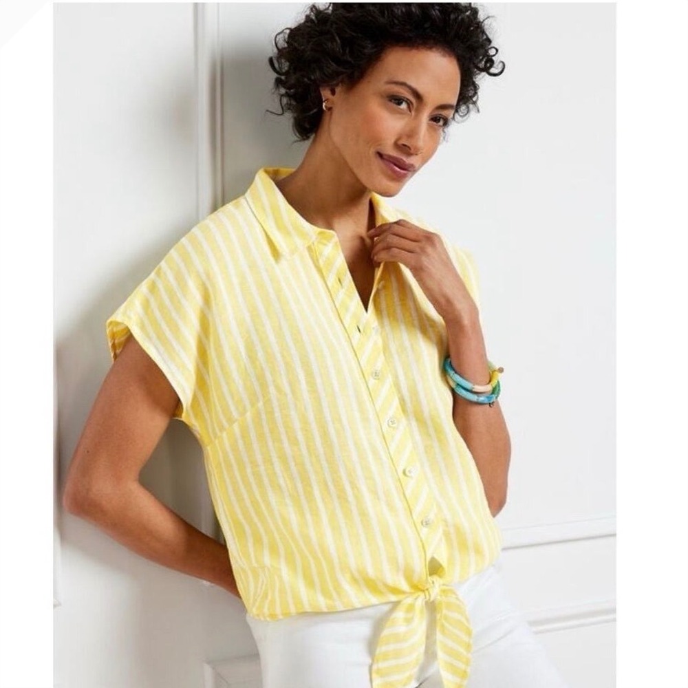 NWT Talbots womens Small Yellow White Striped 100% Linen Tie Front Shirt New